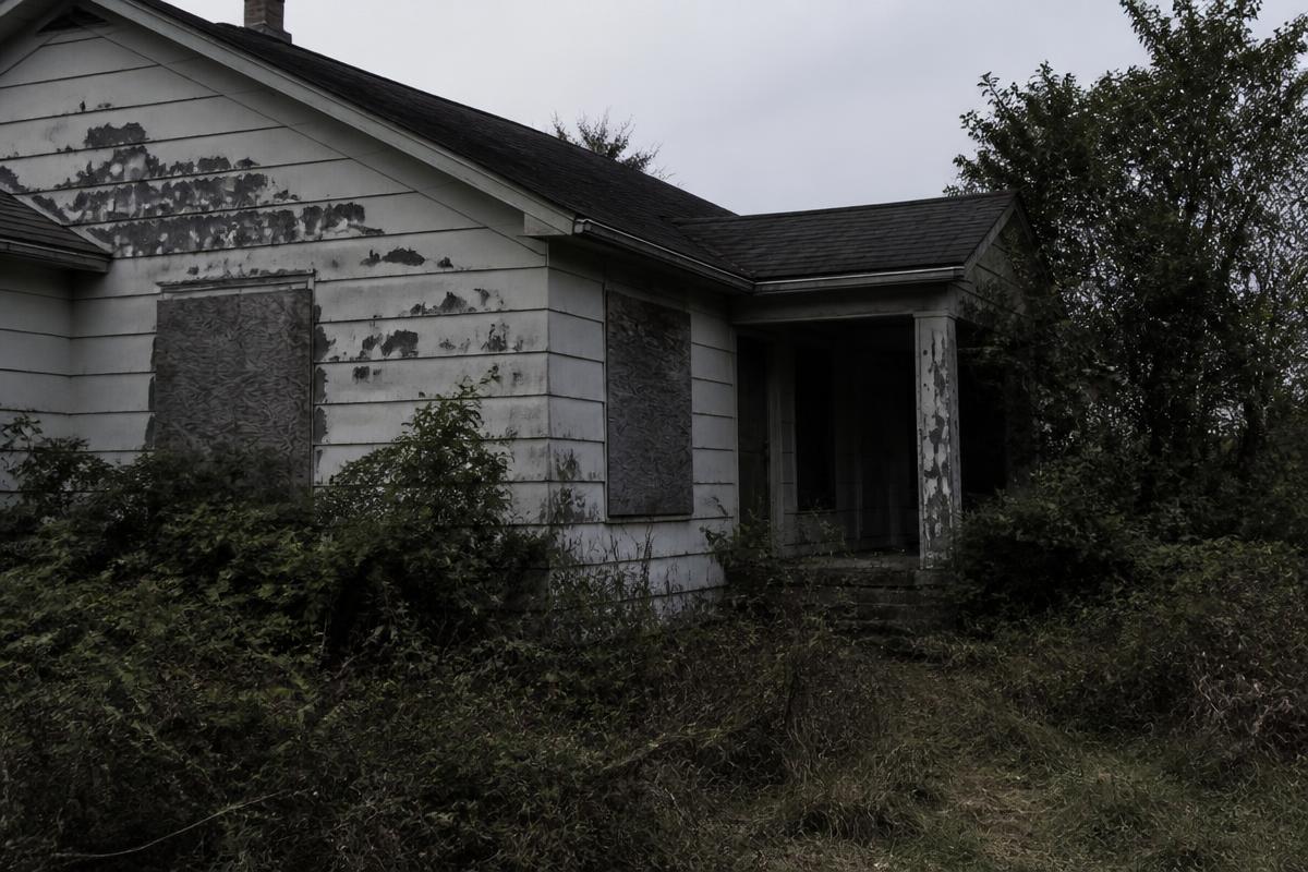 A vacant house with boarded windows and an overgrown yard
